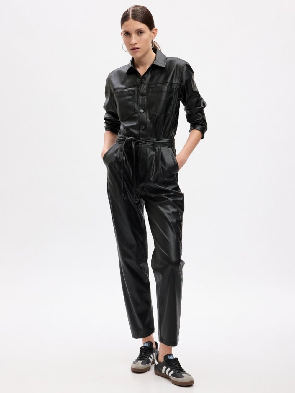 [GAP] Black Long Sleeve Vegan Leather Jumpsuit | 10P | NWT